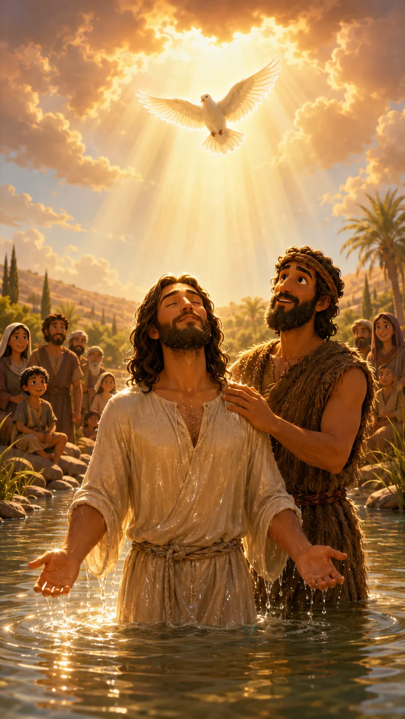 Jesus standing in the river as John baptizes Him, with a white dove descending in a shaft of golden light