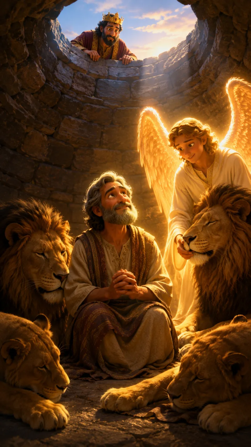 Daniel prays peacefully among the lions while an angel stands beside him in the dark den