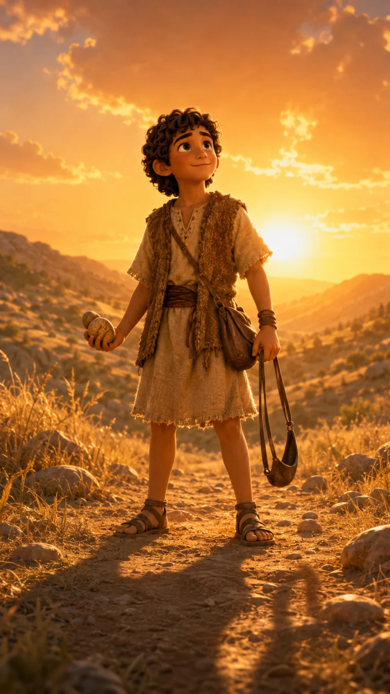 A young shepherd boy holding a sling and a smooth stone, standing on a rocky hillside path at sunset