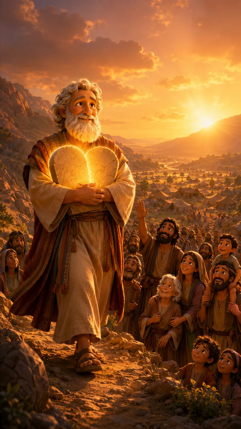 Illustration of Moses carrying two glowing stone tablets down a hillside at sunset while families below look up
