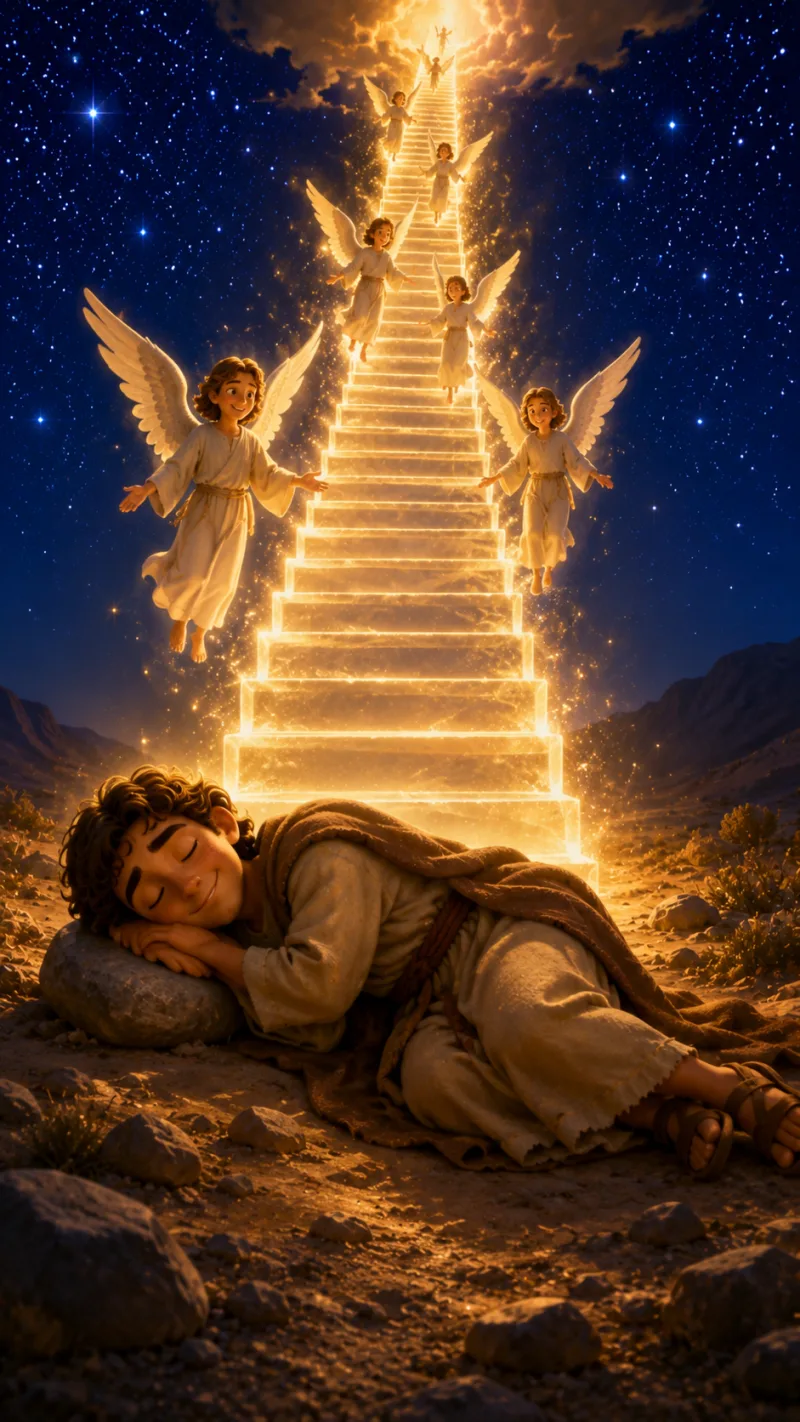 Storybook illustration of Jacob asleep under a starry night sky as a golden stair of angels rises to heaven