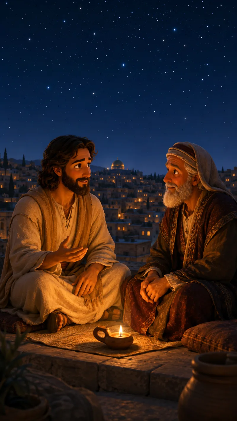 Night scene from the app's story art: Jesus and Nicodemus talking by lamplight under the stars