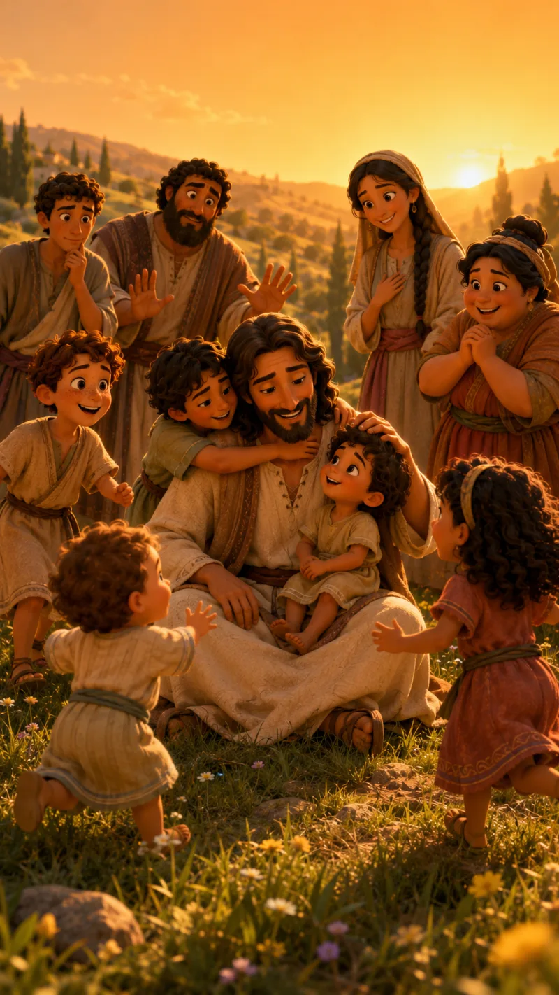 Children gather laughing around Jesus in a green field at golden hour