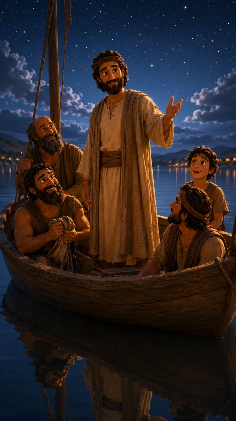 Jesus stands in the boat under the night sky as the sea grows still