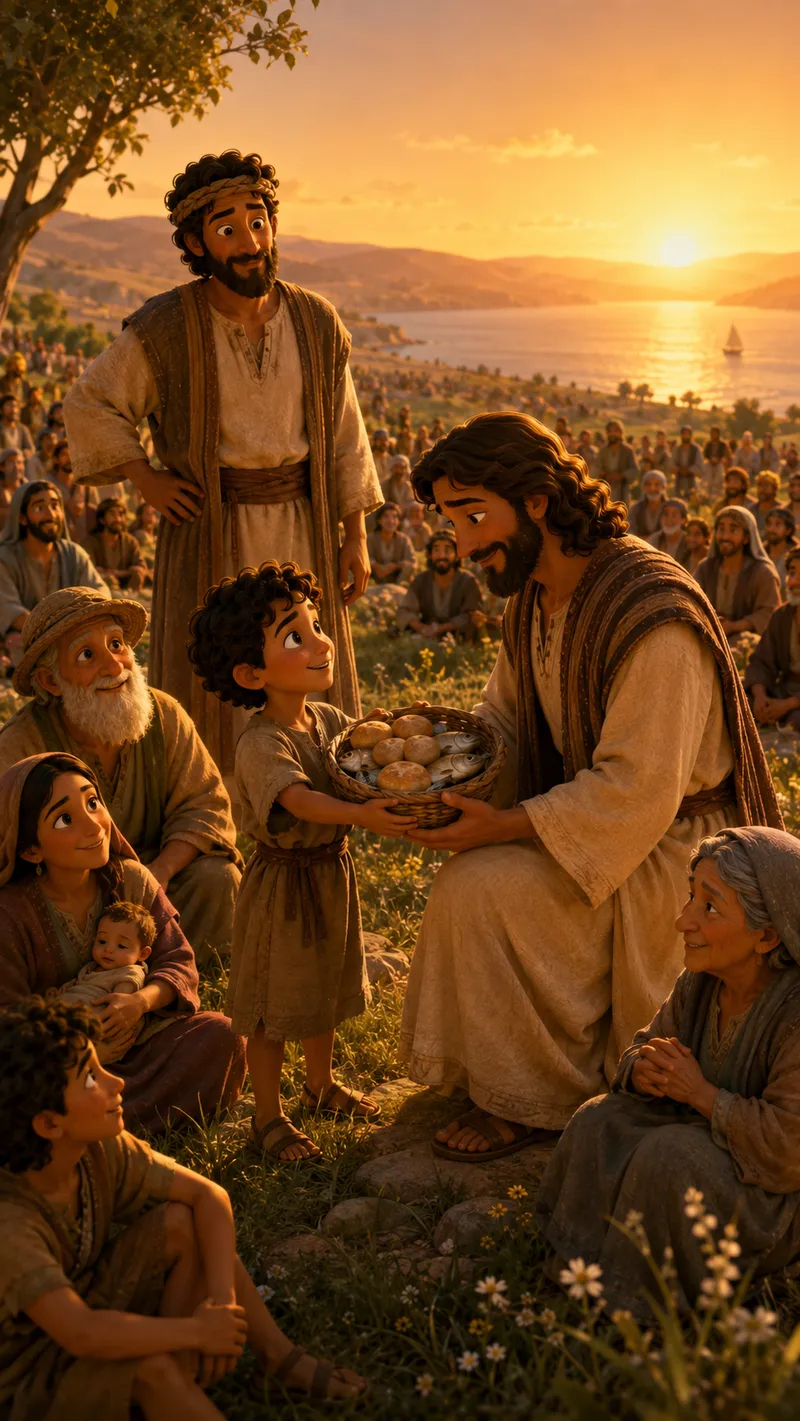 Illustration of a boy holding out a basket of loaves and fish to Jesus on a golden hillside, with a seated crowd of families and older neighbors around them