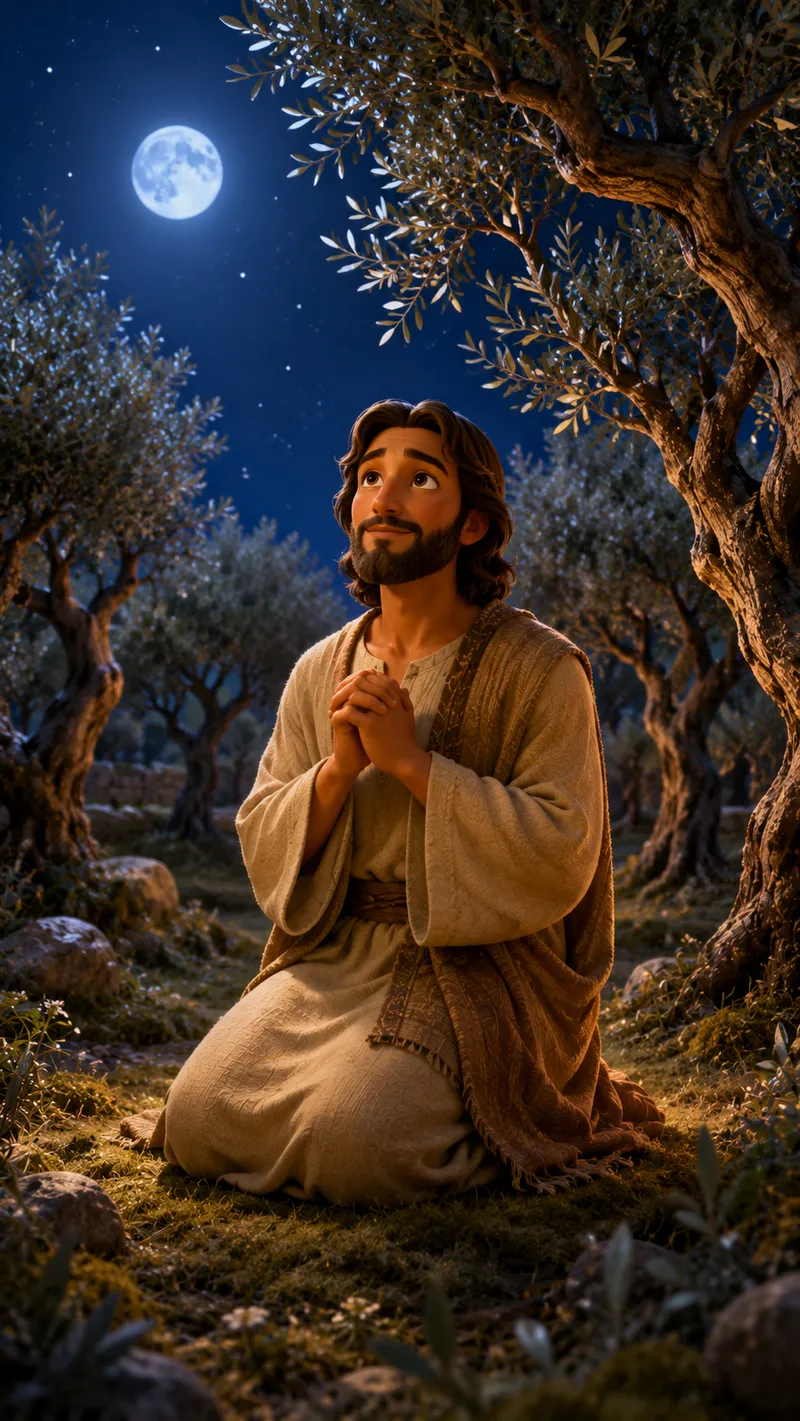 A figure kneeling alone among olive trees in a moonlit garden at night
