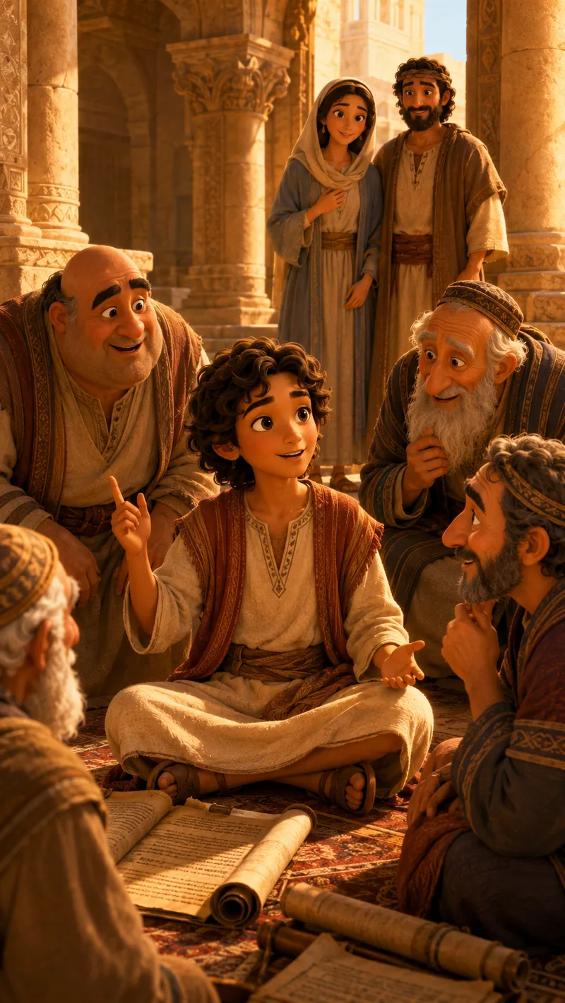 A twelve year old Jesus sitting among the teachers in the temple, listening and asking questions