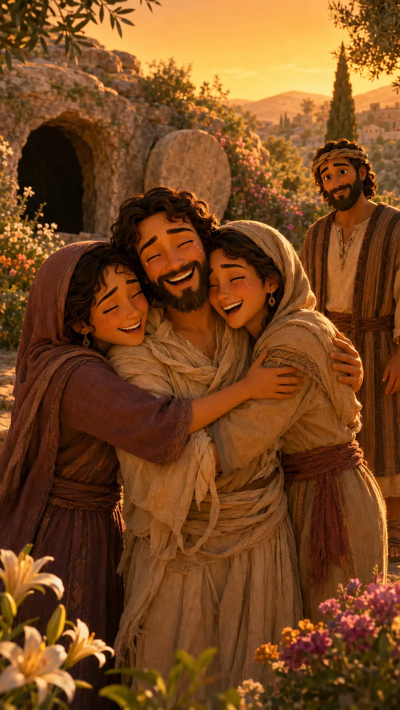 Lazarus, still wrapped in linen grave cloths, laughing as his two sisters embrace him outside the tomb at sunset