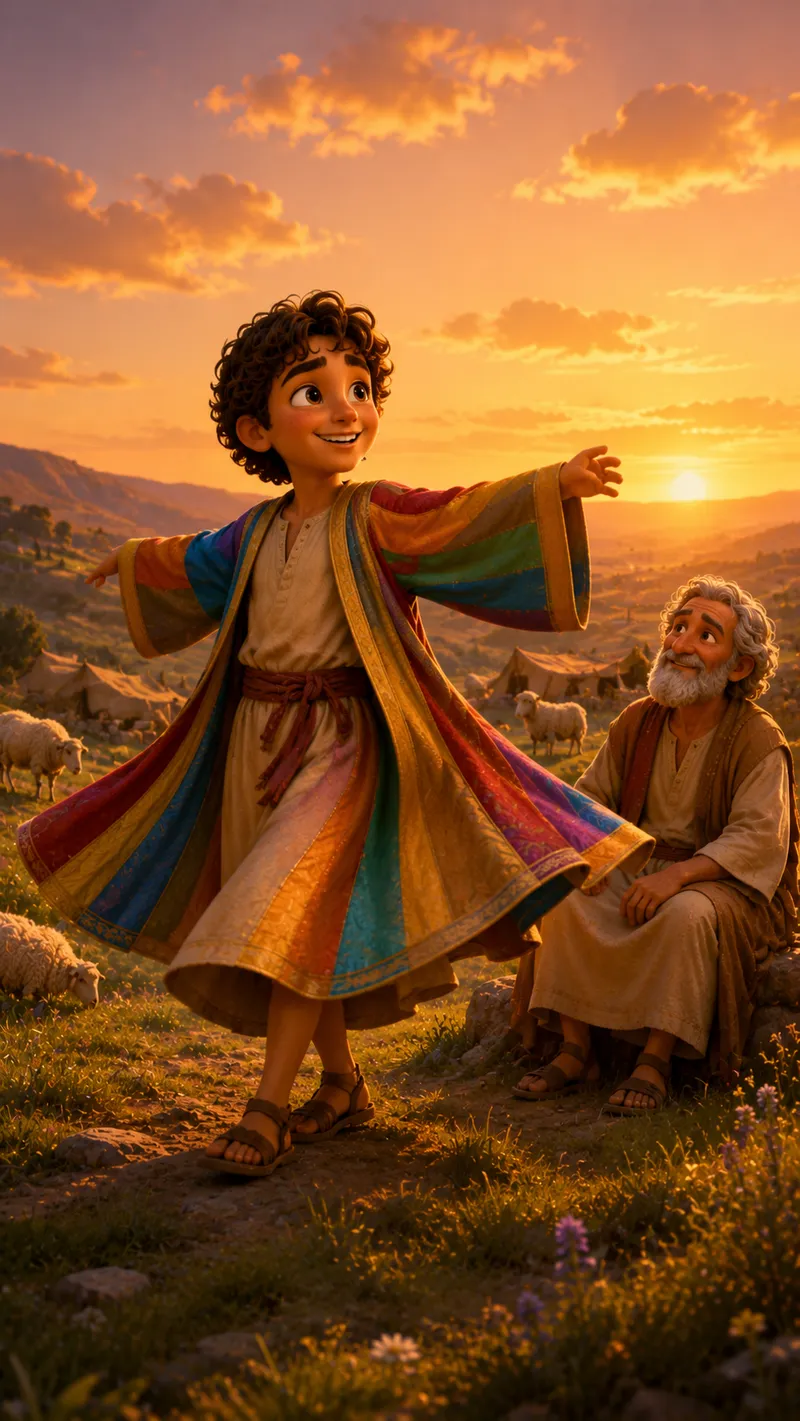 A boy in a bright striped robe standing with his arms outstretched at sunset on a green hillside, his gray-bearded father watching from a rock nearby with sheep grazing around them