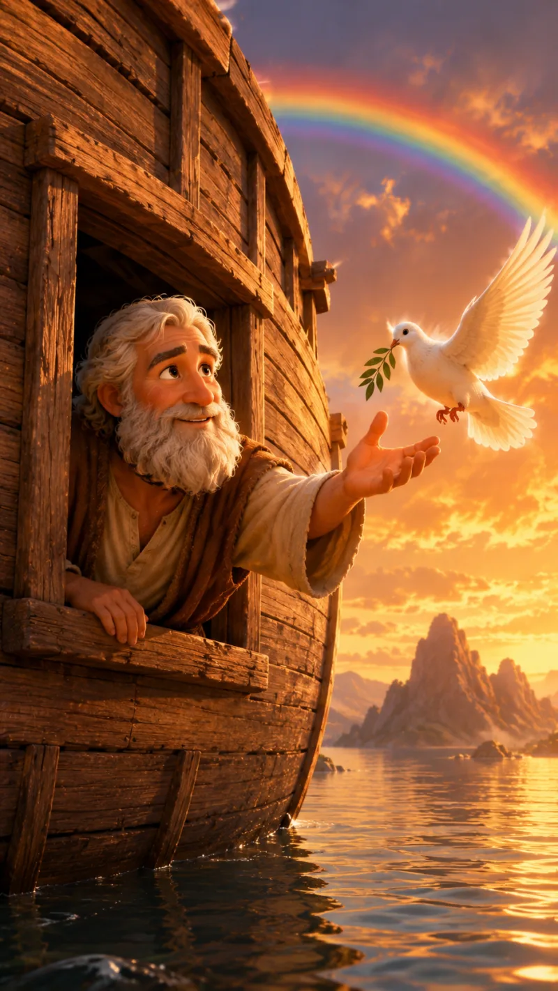 Noah's ark riding calm water under a rainbow, with animals looking out over the side