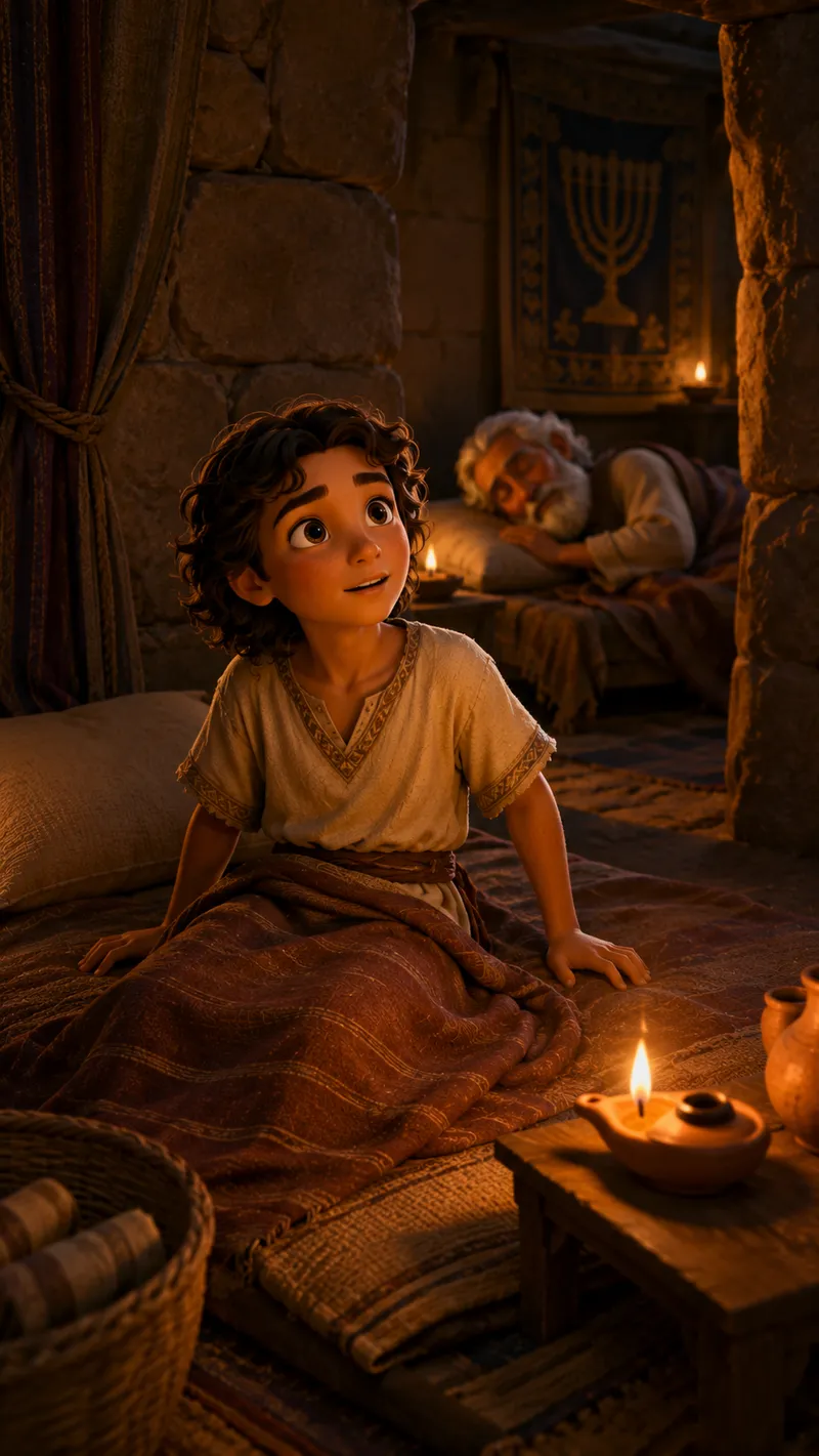 A boy sitting up on his bed at night by lamplight, looking upward, with an older man asleep in the room behind him