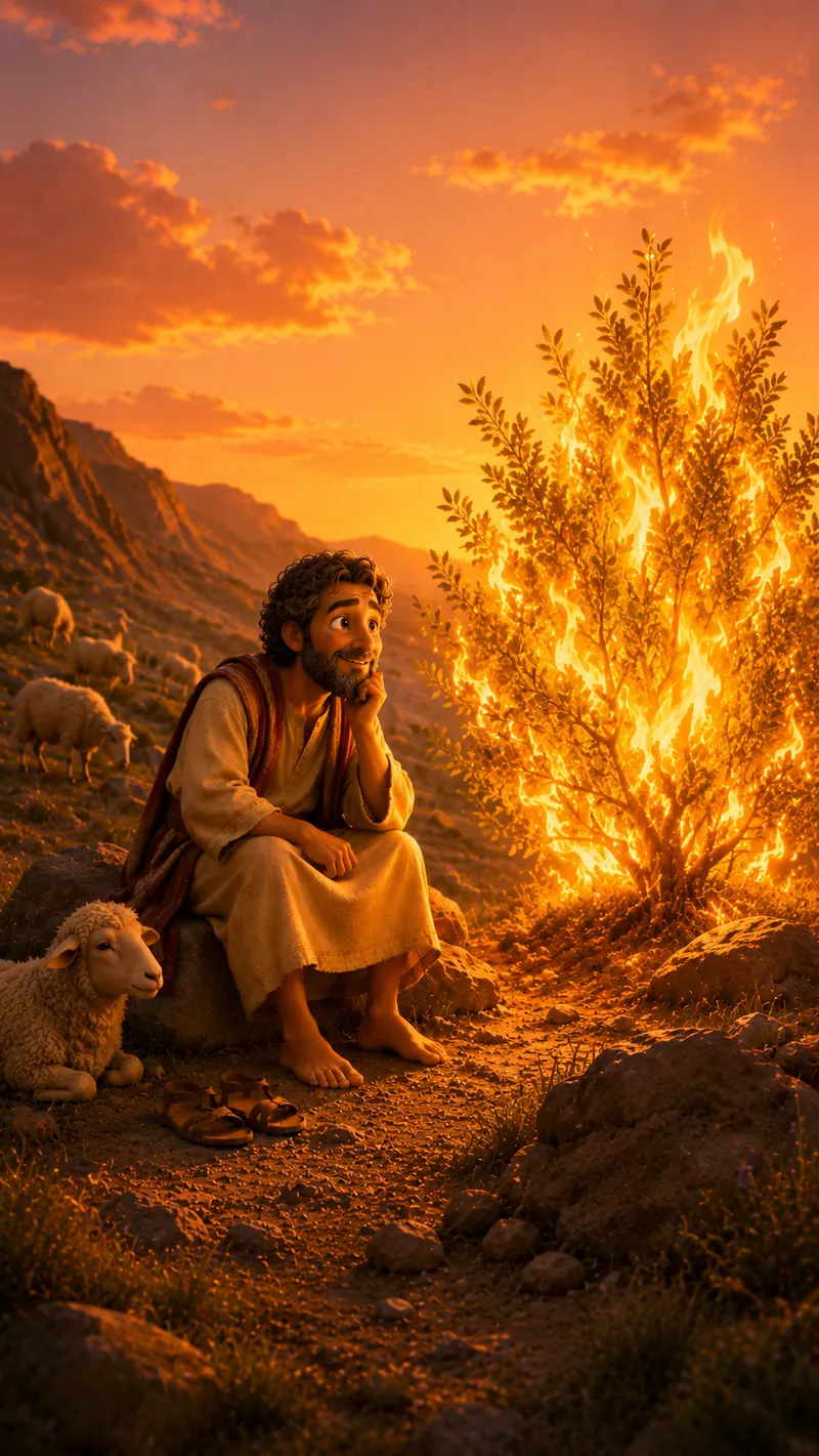 Moses sitting barefoot on a rock at sunset with his sandals set aside and his sheep nearby, watching a bush burning with golden flames