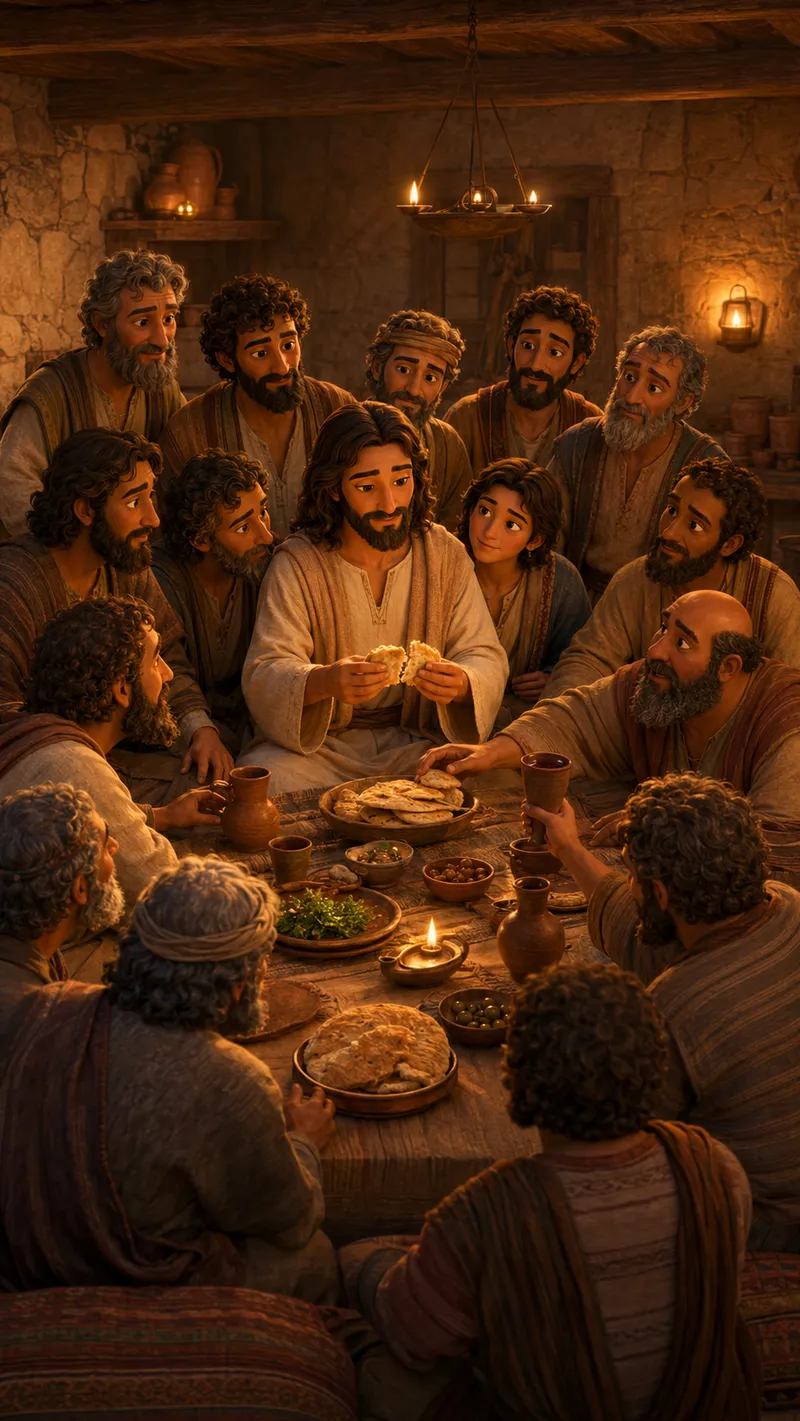 Illustration of Jesus breaking bread at a candlelit table, surrounded by his friends in a warm stone room