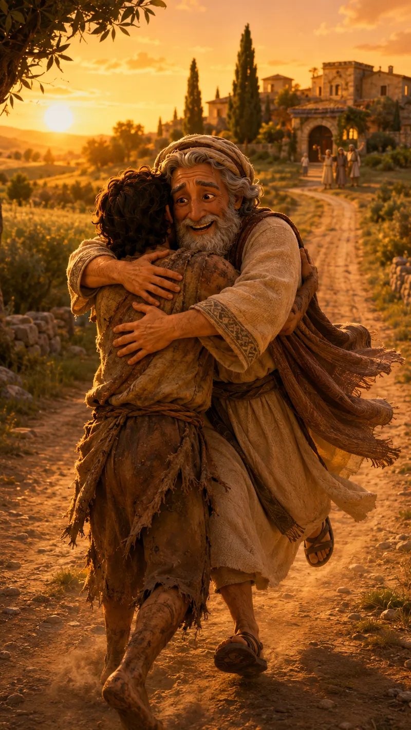 A father in a turban running down a dirt road at sunset to throw his arms around his ragged, barefoot son, with the family house on the hill behind them