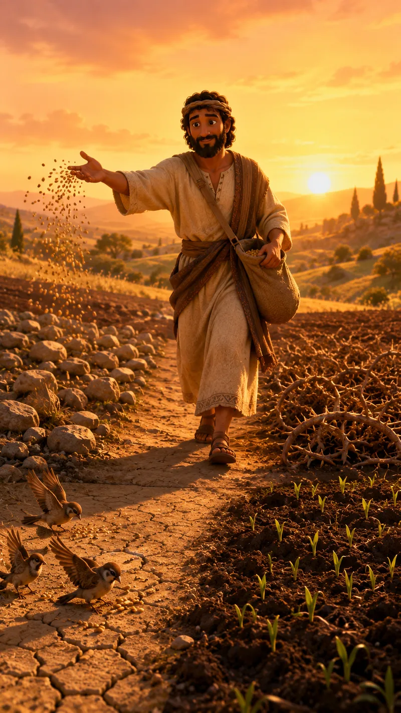 Illustration of a sower walking a stony path at golden sunset, scattering seed from a shoulder bag, with birds pecking on the hard path and green seedlings rising from dark soil beside him